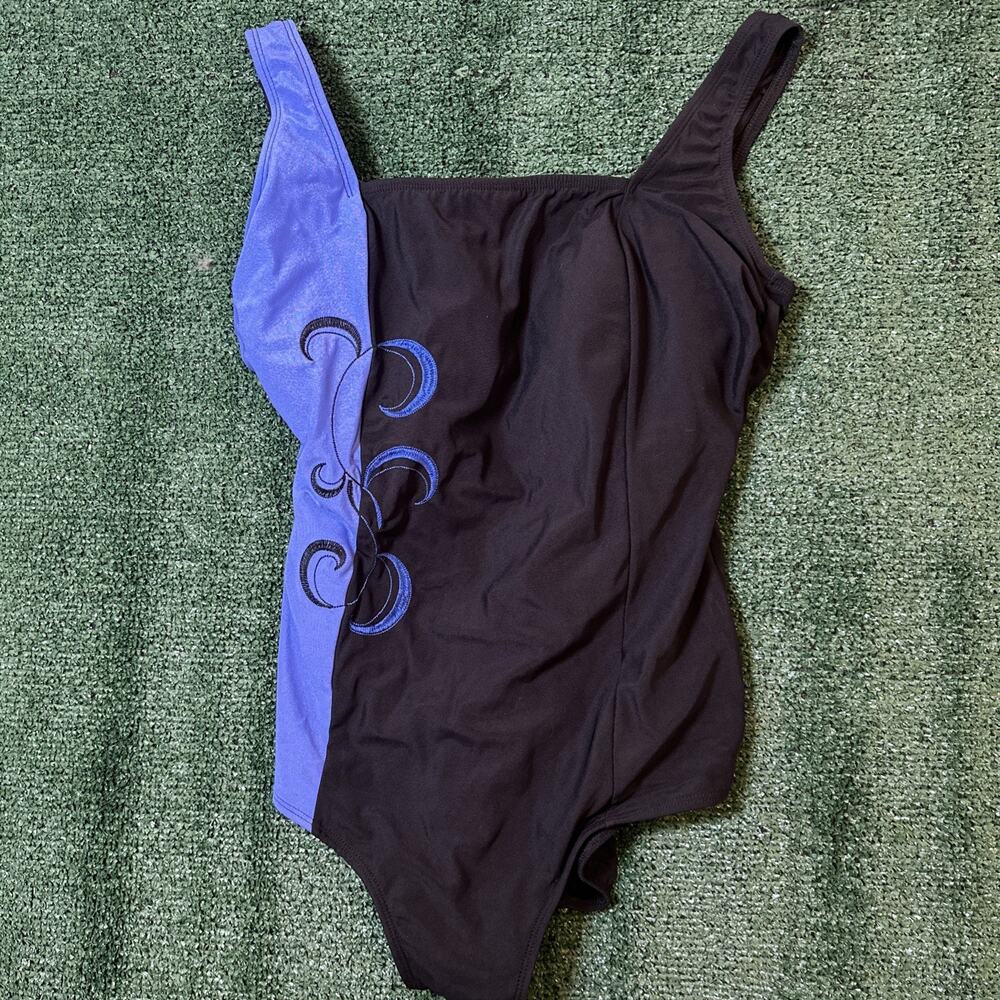 Vintage Longitude One Piece Swimsuit Black Blue Embroidered 20W